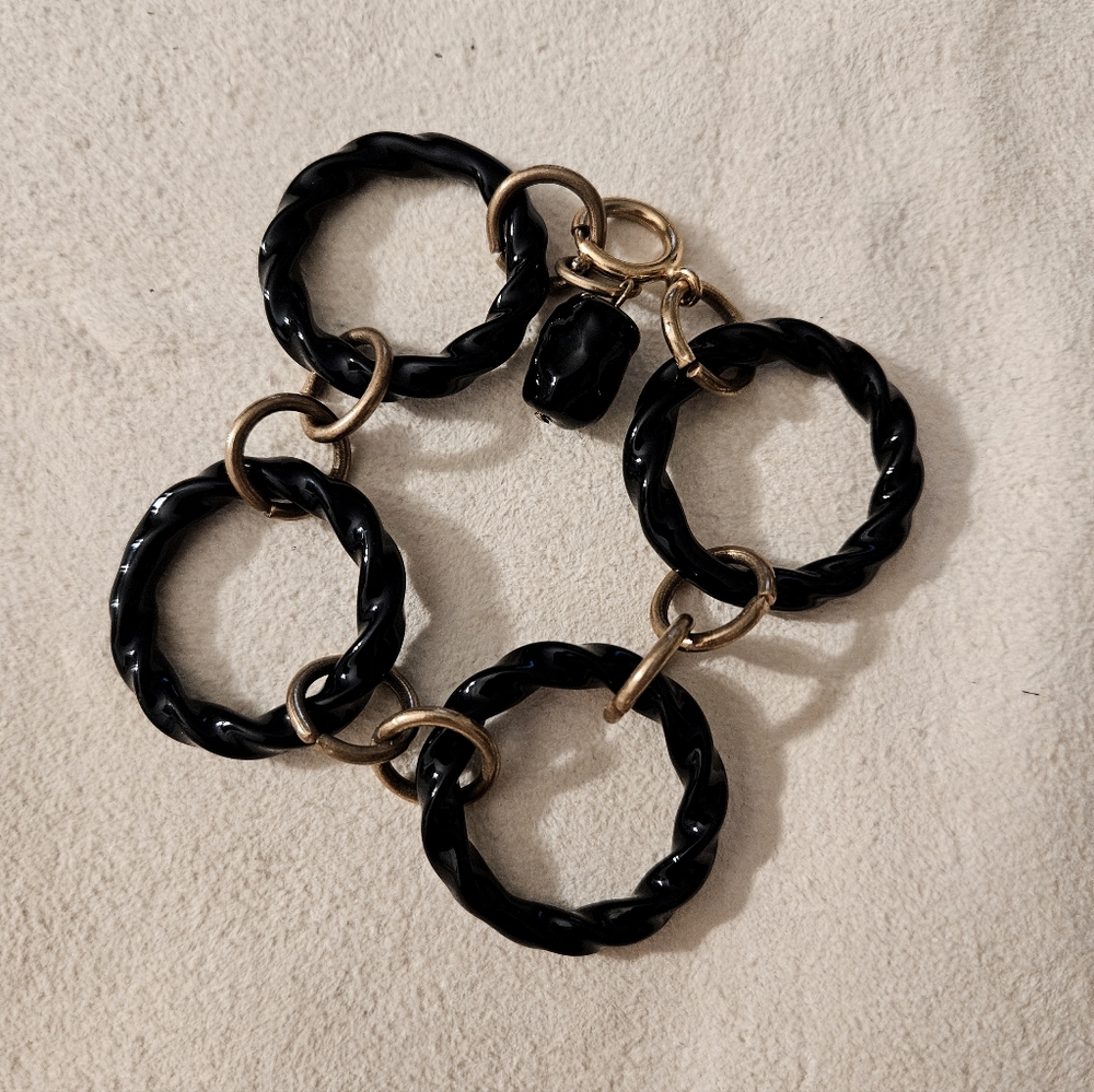 VTG 1980s Statement Bracelet Black Enameled Brass Twisted Link Runway Style 8"L